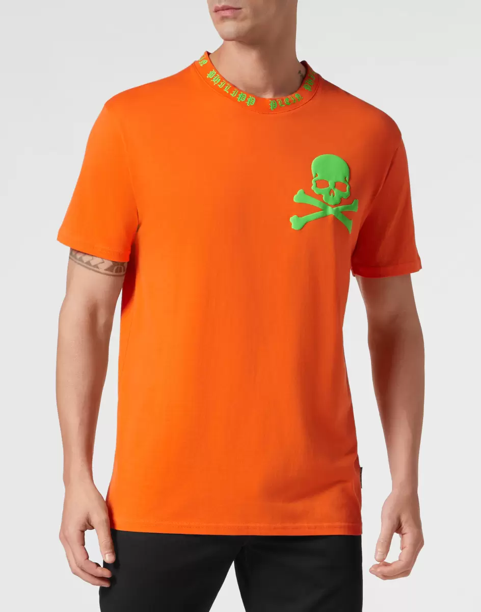 Orange Fluo Herren Philipp Plein T-Shirt Round Neck Ss Skull&Bones T-Shirt Angebot - 1