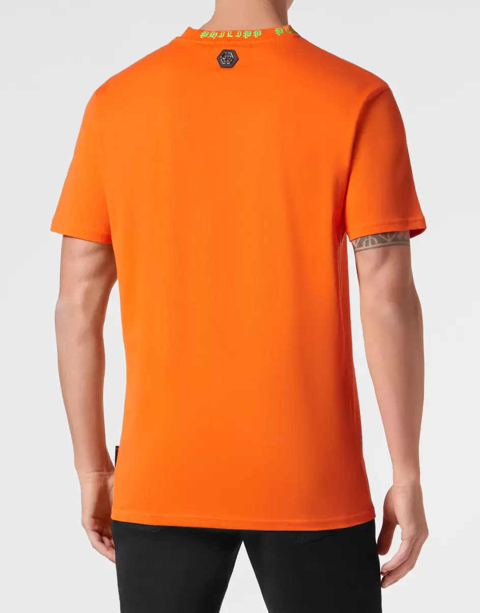 Orange Fluo Herren Philipp Plein T-Shirt Round Neck Ss Skull&Bones T-Shirt Angebot - 2