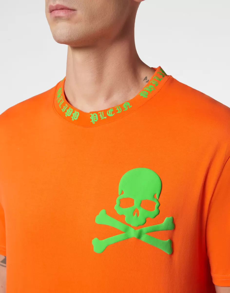 Orange Fluo Herren Philipp Plein T-Shirt Round Neck Ss Skull&Bones T-Shirt Angebot - 4