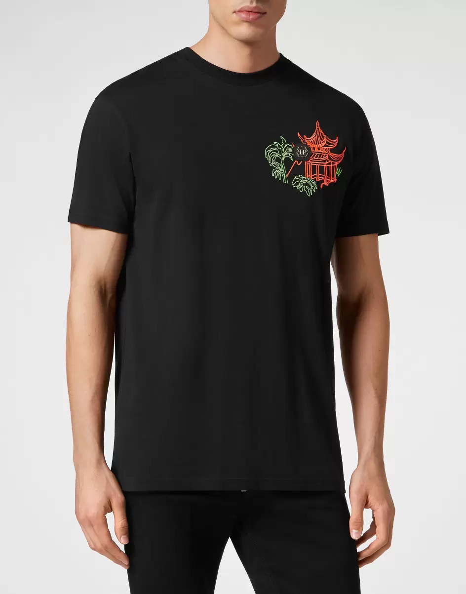 Herren Black Philipp Plein Embroidered T-Shirt Round Neck Ss T-Shirt Rabattgewährung - 1