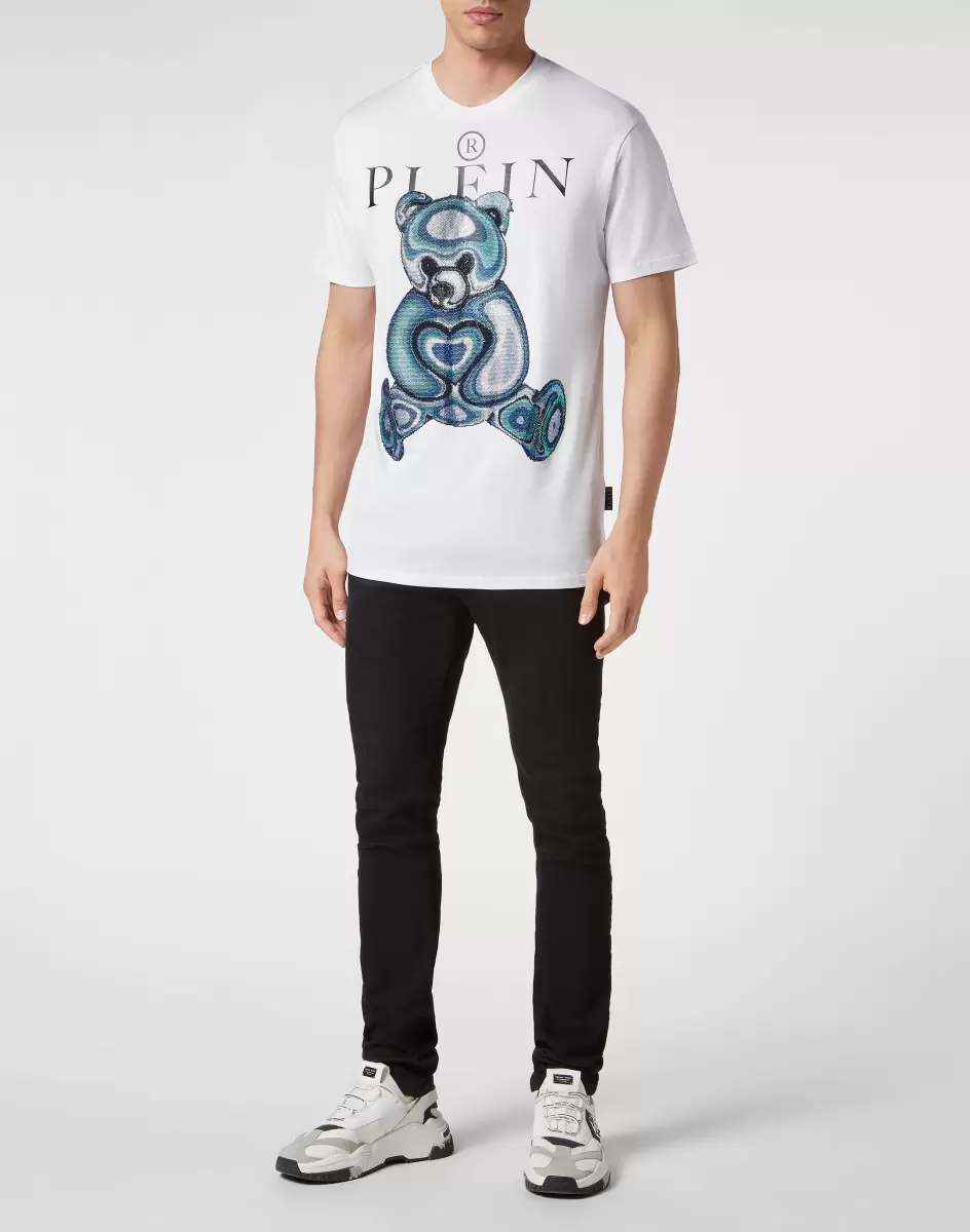 White Popularität T-Shirt Philipp Plein Herren T-Shirt Round Neck Ss With Crystals Teddy Bear - 3