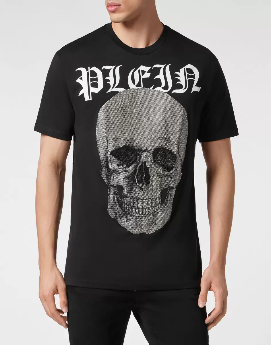 Philipp Plein Herren Hochwertig T-Shirt Round Neck Ss With Crystals Skull Black T-Shirt - 1