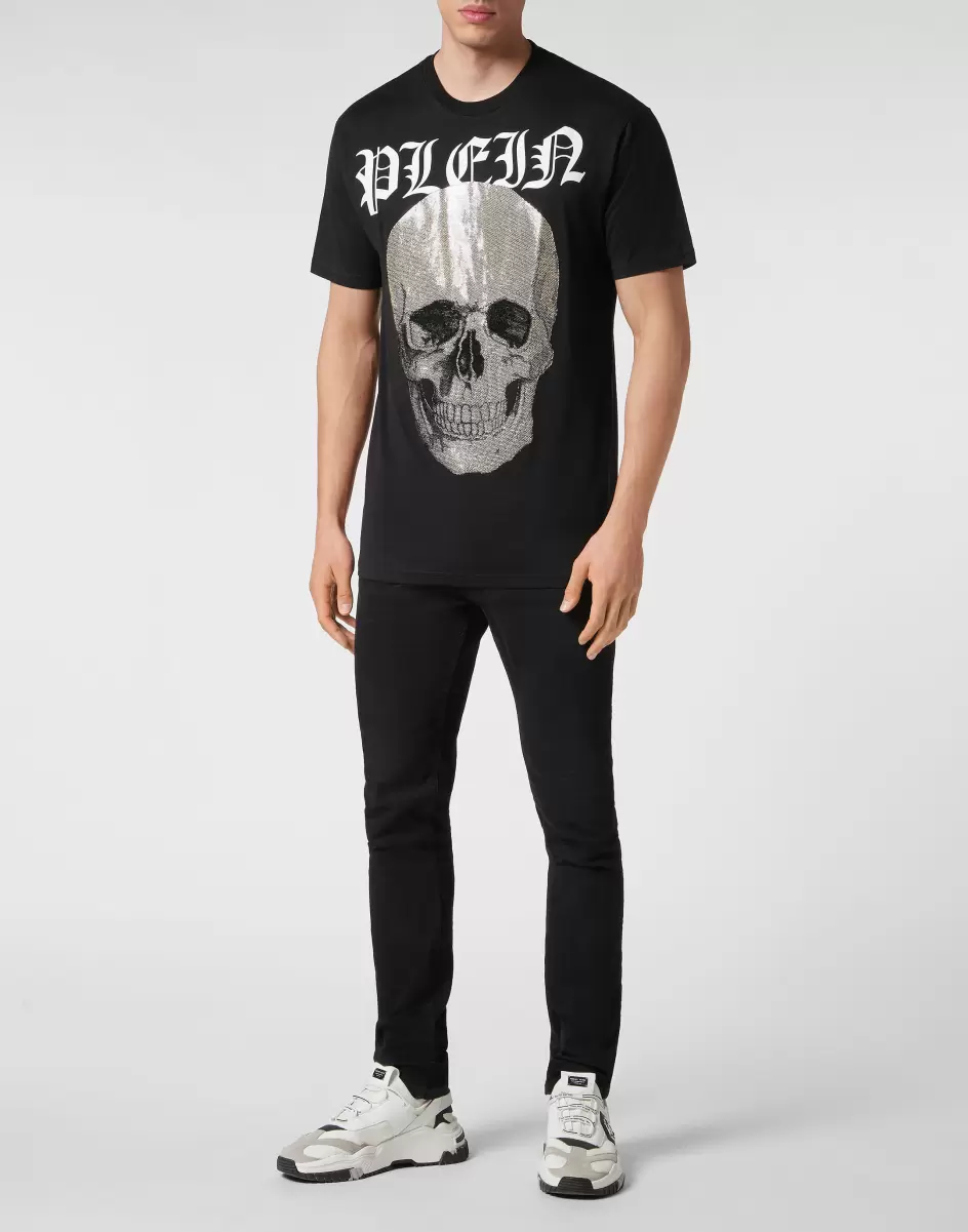 Philipp Plein Herren Hochwertig T-Shirt Round Neck Ss With Crystals Skull Black T-Shirt - 3