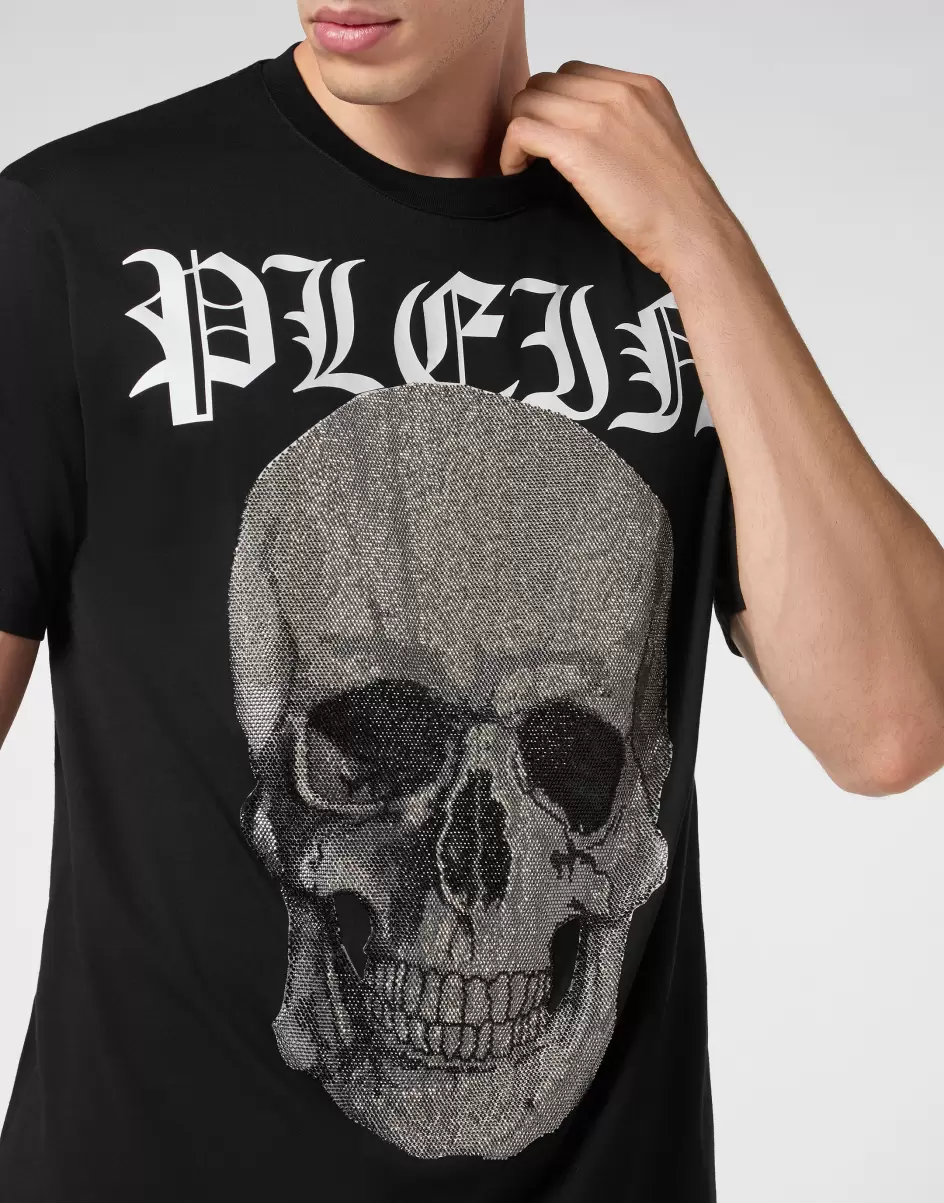 Philipp Plein Herren Hochwertig T-Shirt Round Neck Ss With Crystals Skull Black T-Shirt - 4