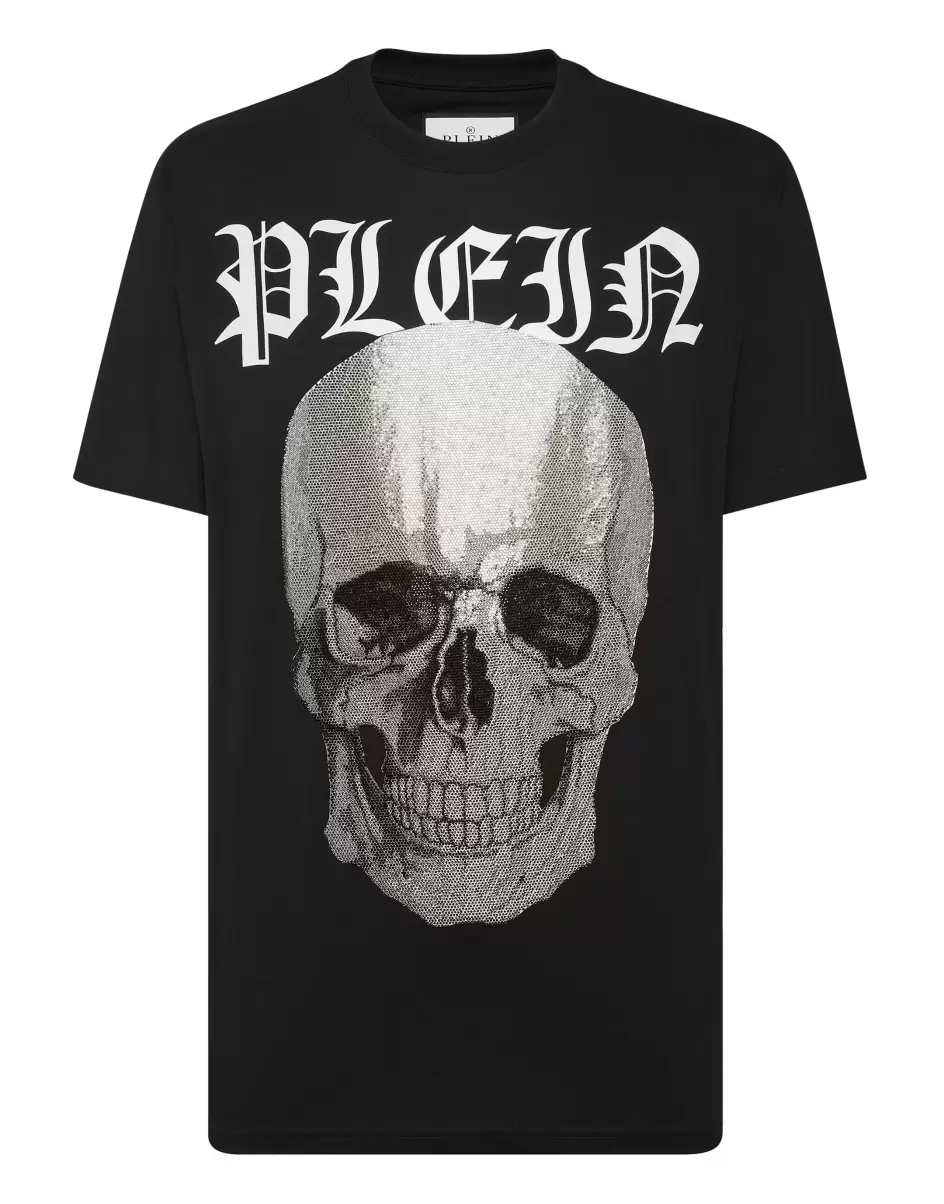 Philipp Plein Herren Hochwertig T-Shirt Round Neck Ss With Crystals Skull Black T-Shirt