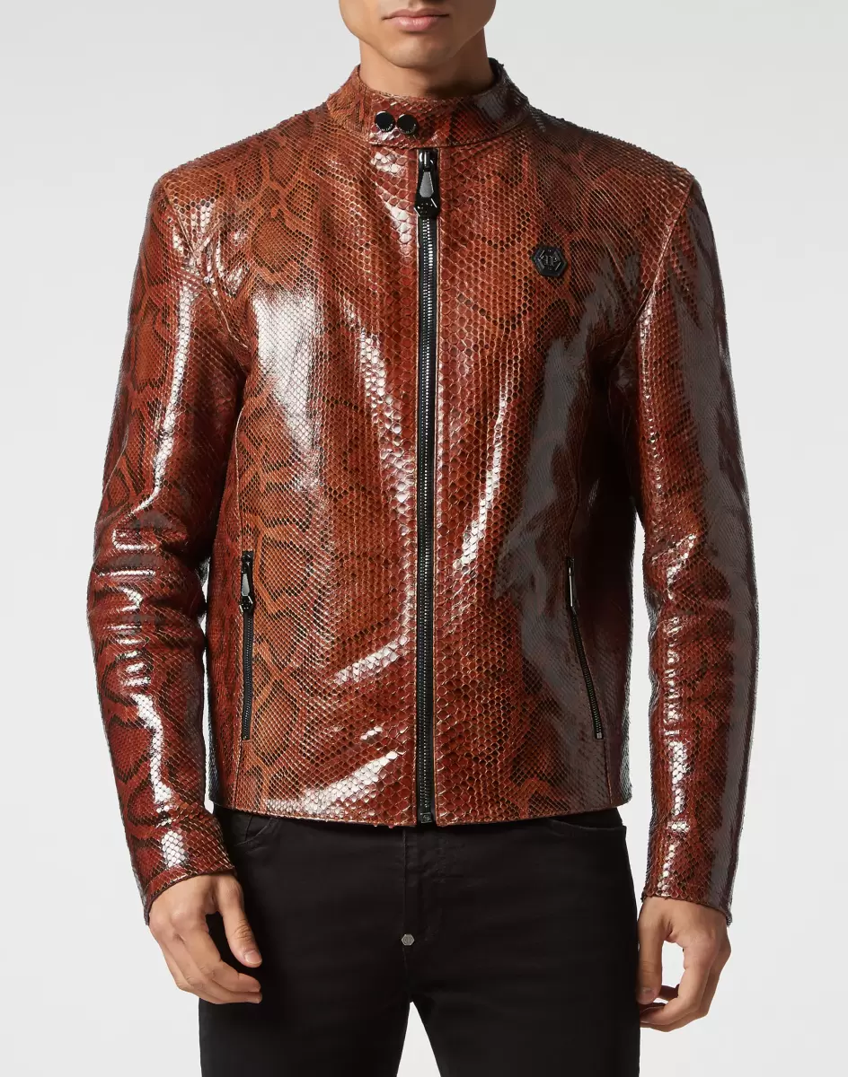 Brown Philipp Plein Merkmal Lederjacken Real Python Leather Jacket Herren - 1