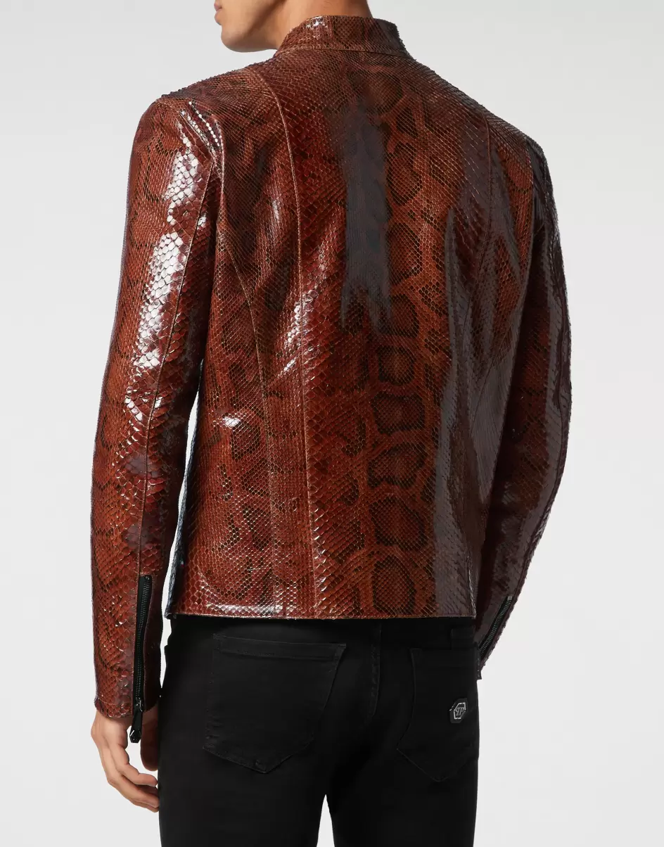 Brown Philipp Plein Merkmal Lederjacken Real Python Leather Jacket Herren - 2
