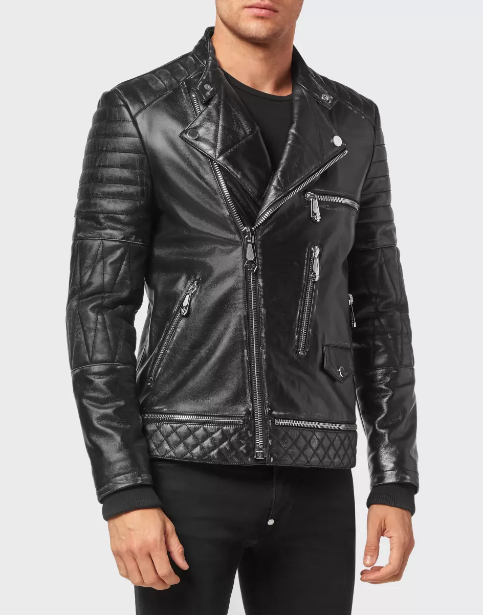 Herren Black Lederjacken Markenpositionierung Leather Biker Jacket Philipp Plein - 1
