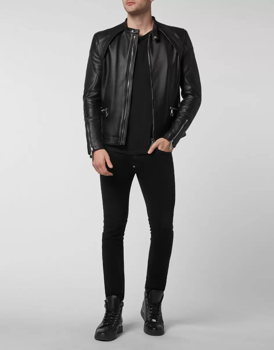 Verkaufen Herren Lederjacken Philipp Plein Black Leather Jacket - 3