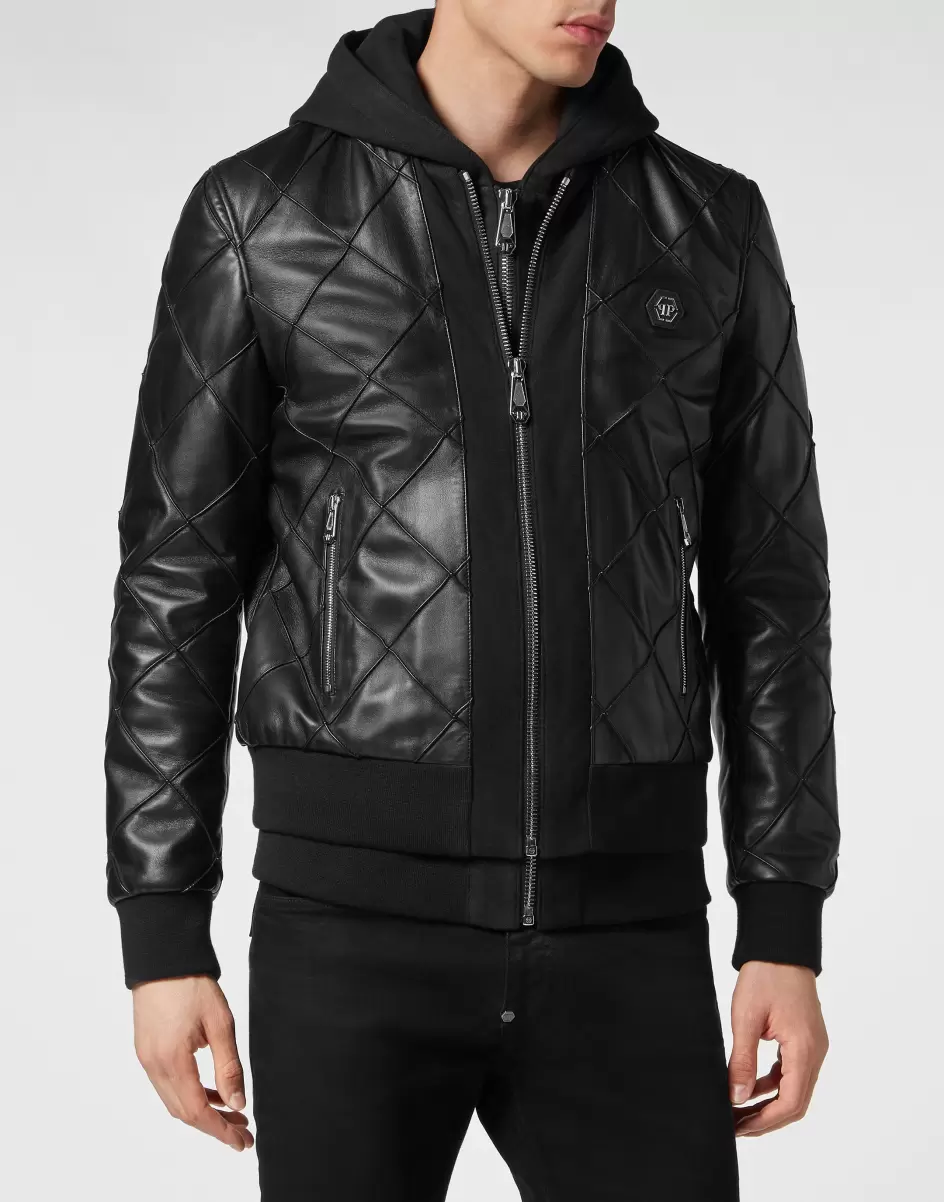 Herren Philipp Plein Black Lederjacken Leather Hooded Jacket Qualität - 1
