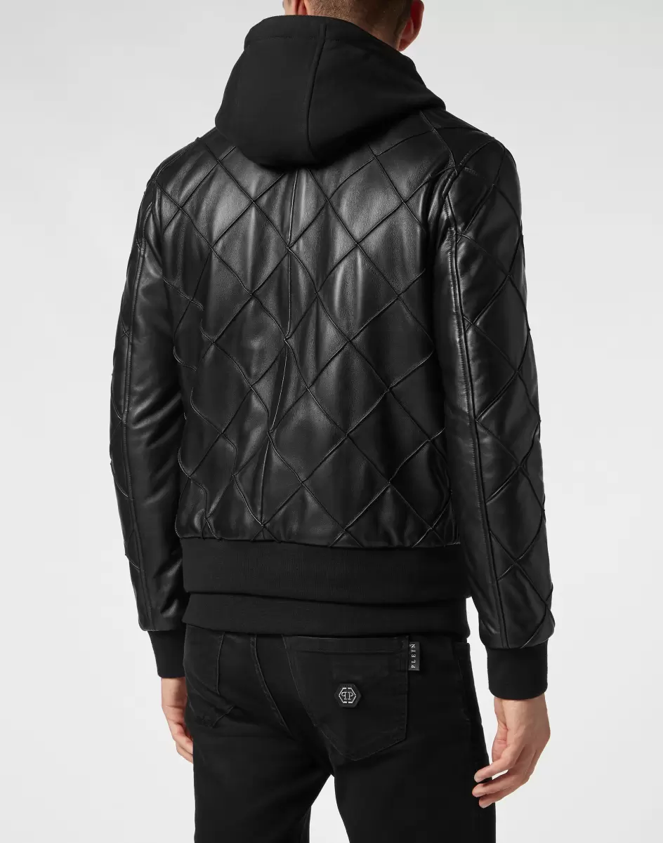 Herren Philipp Plein Black Lederjacken Leather Hooded Jacket Qualität - 2