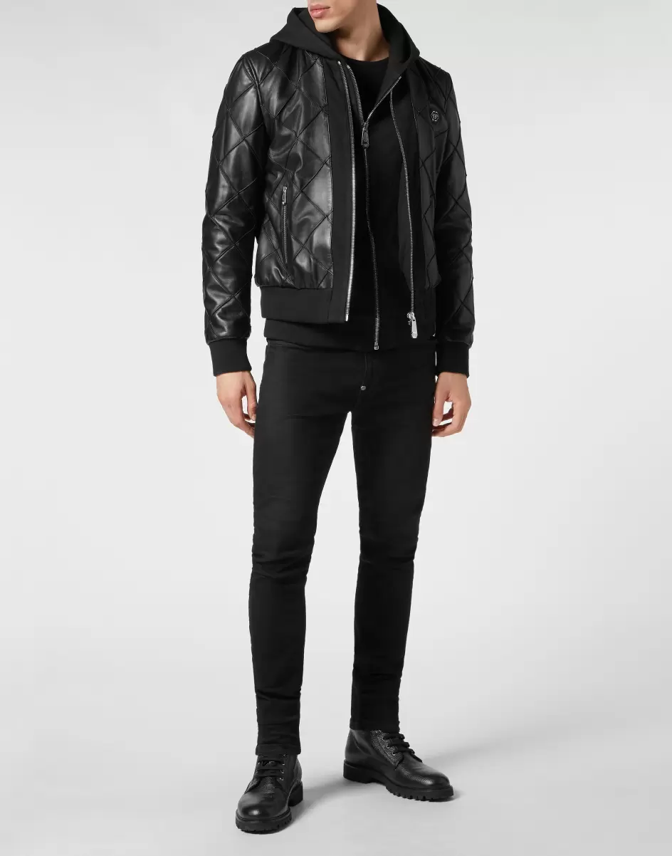 Herren Philipp Plein Black Lederjacken Leather Hooded Jacket Qualität - 3