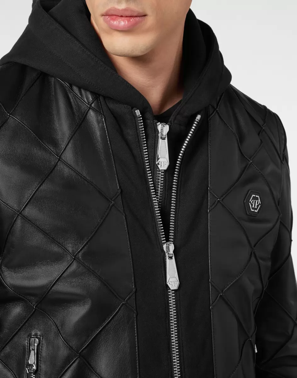 Herren Philipp Plein Black Lederjacken Leather Hooded Jacket Qualität - 4
