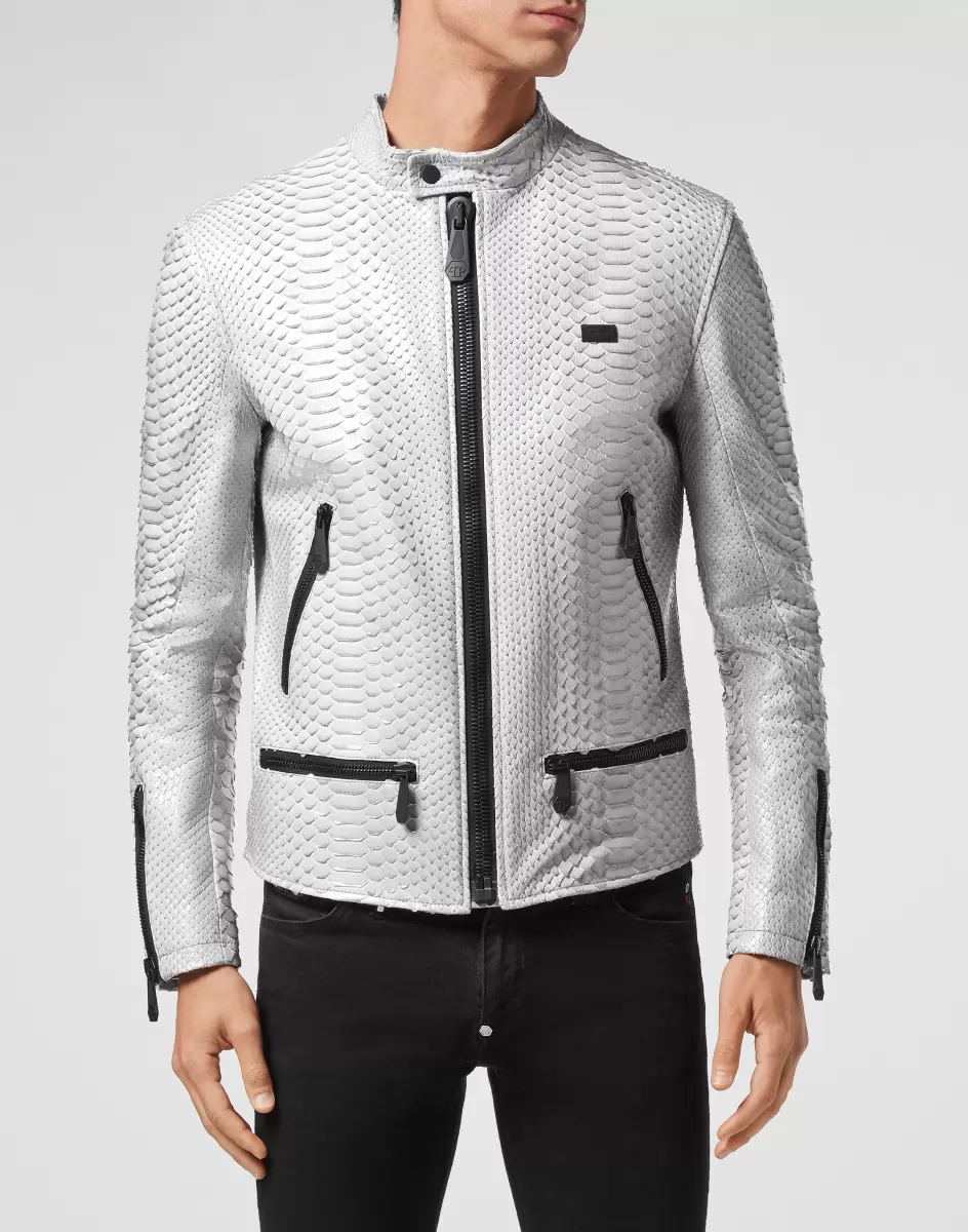 Light Grey Herren Lederjacken Python Leather Moto Jacket Luxury Philipp Plein Verbraucher - 1