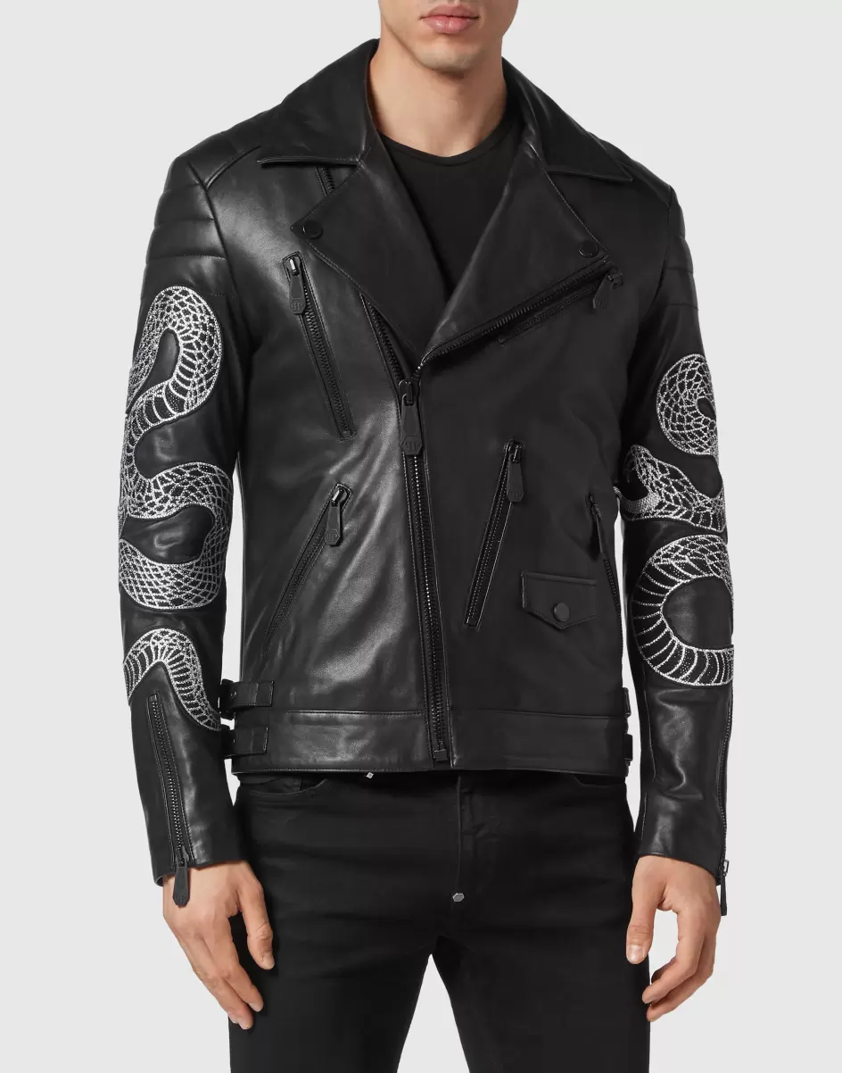 Herren Oberbekleidung & Mäntel Material Black Leather Biker Snake Philipp Plein - 1