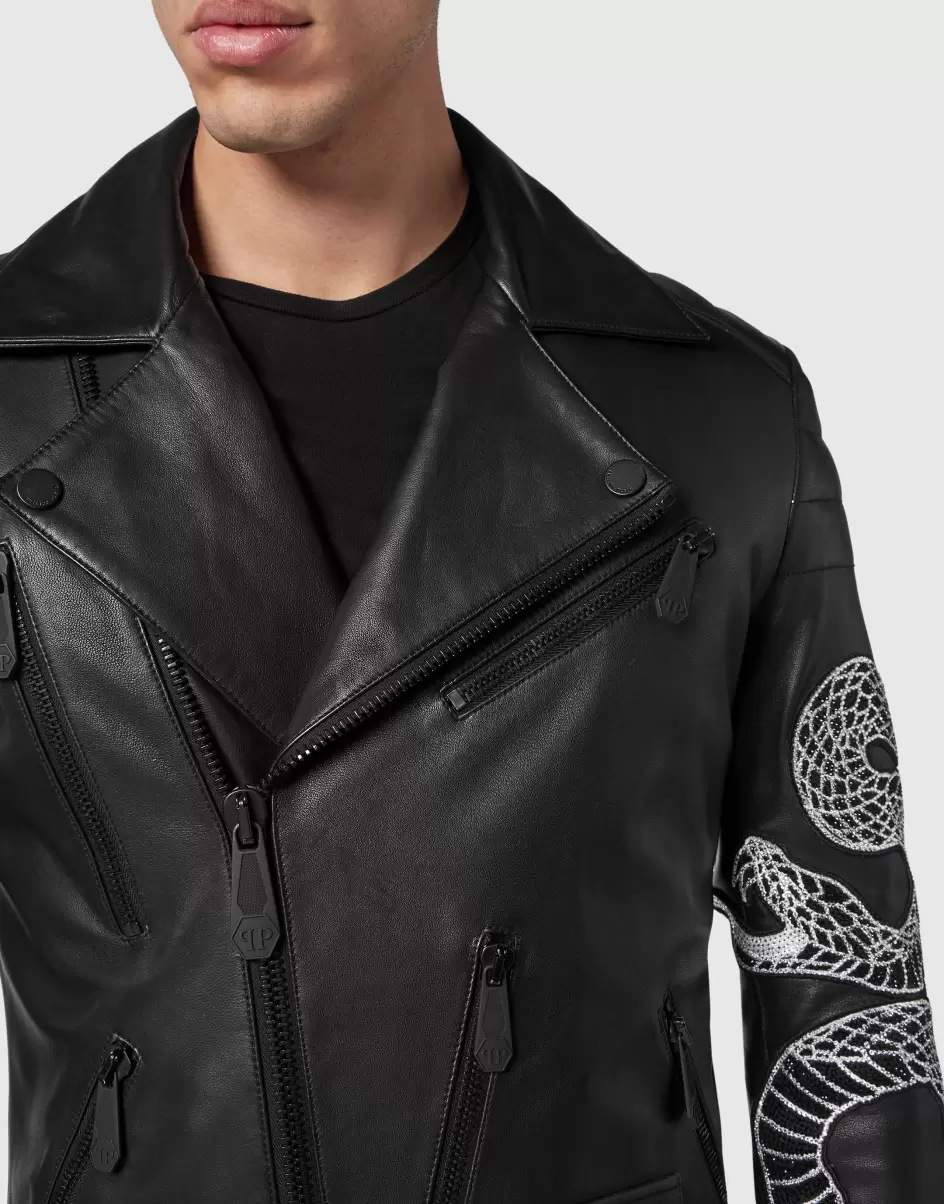 Herren Oberbekleidung & Mäntel Material Black Leather Biker Snake Philipp Plein - 4