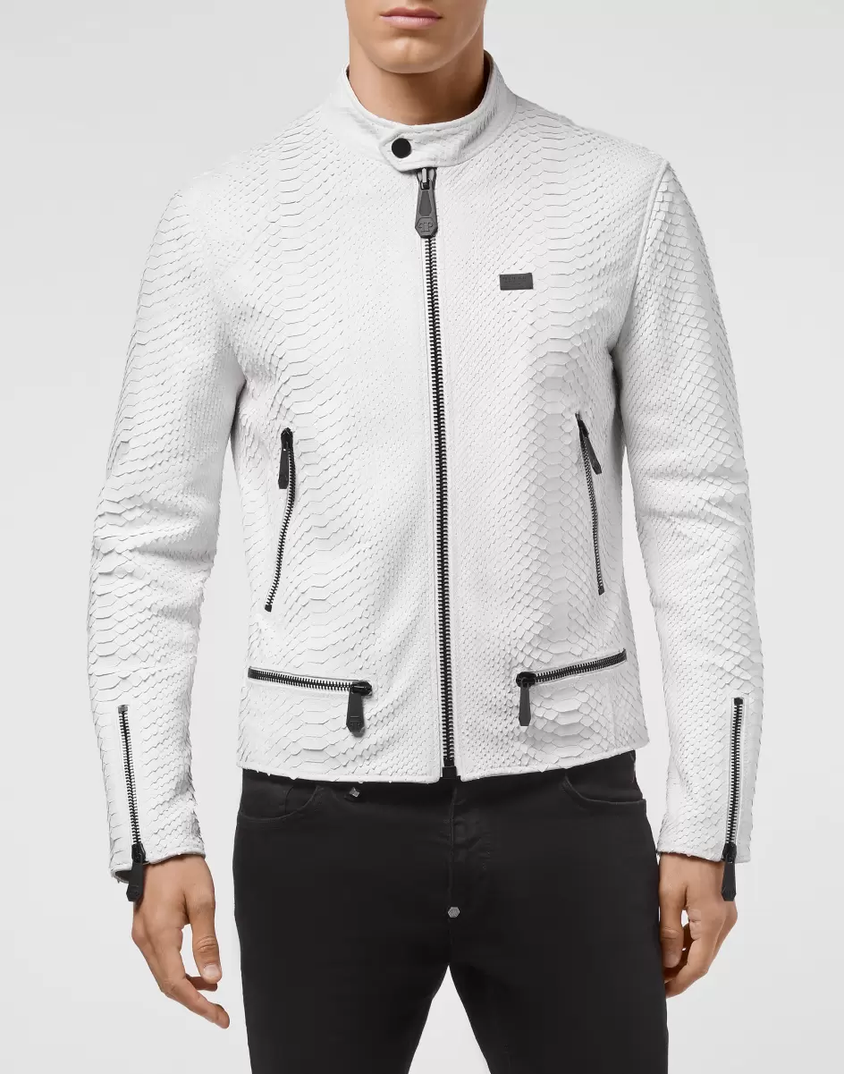 Oberbekleidung & Mäntel Herren Philipp Plein White Leather Jacket Luxury Online - 1
