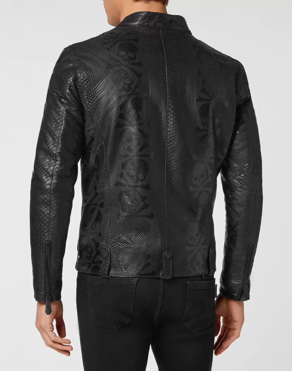 Marktpreis Philipp Plein Herren Oberbekleidung & Mäntel Black Python Skull  Printed Perfecto  Jacket - 2