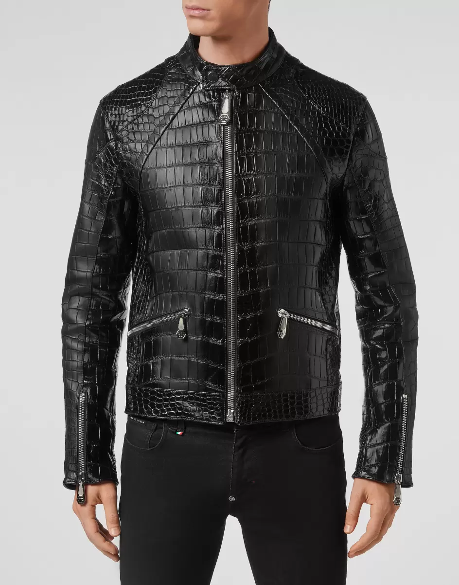 Oberbekleidung & Mäntel Leather Crocodile Jacket  Luxury Black Herren Philipp Plein Verkaufspreis - 1