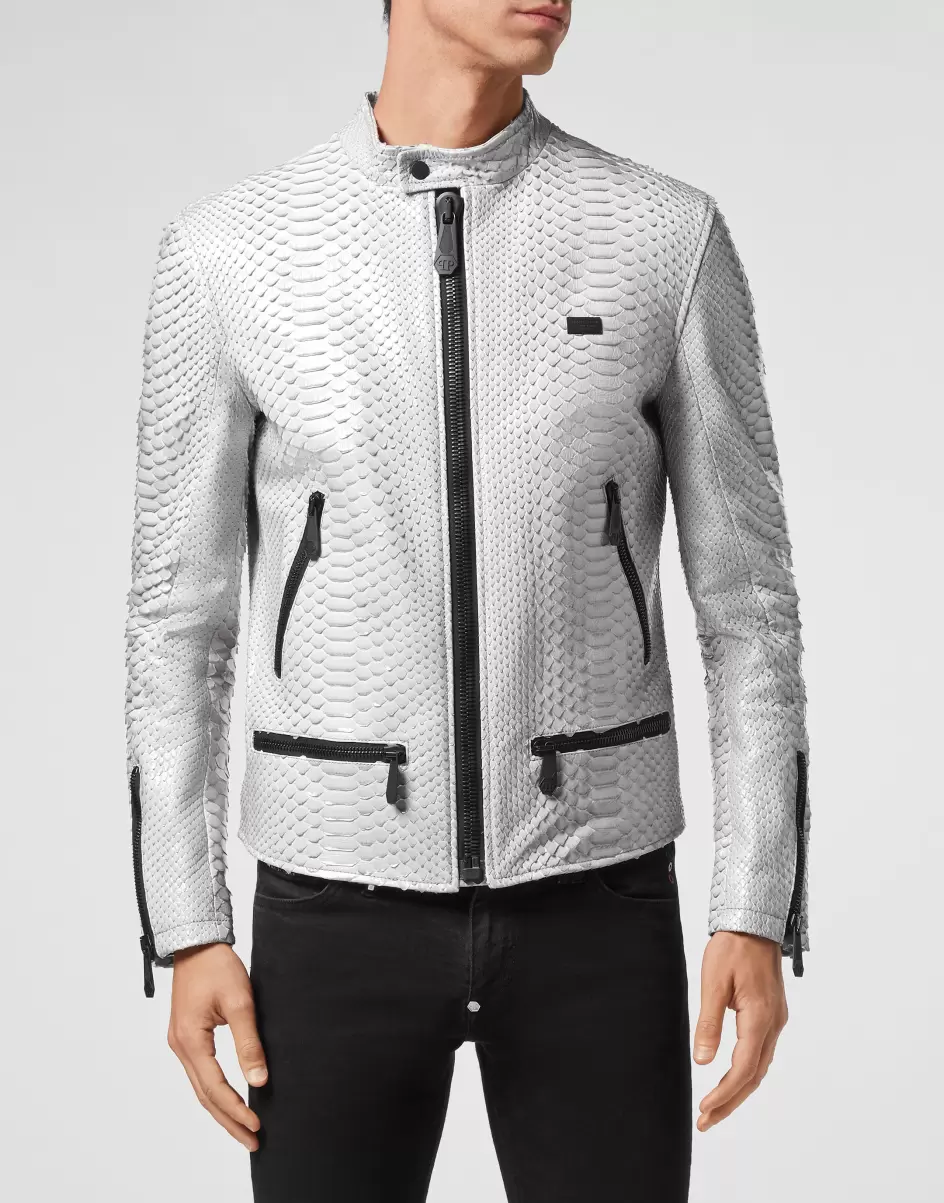 Python Leather Moto Jacket Luxury Oberbekleidung & Mäntel Philipp Plein Modell Herren Light Grey - 1