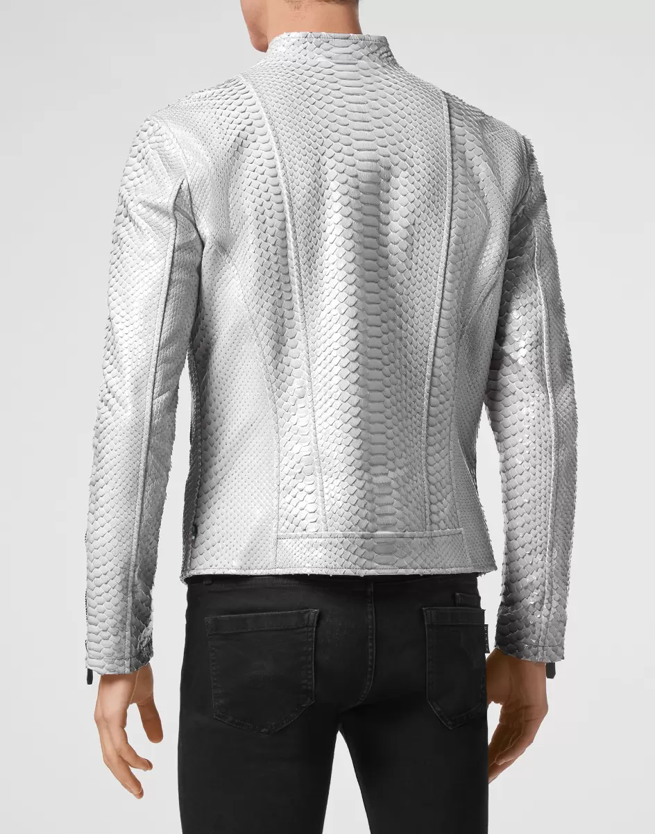 Python Leather Moto Jacket Luxury Oberbekleidung & Mäntel Philipp Plein Modell Herren Light Grey - 2