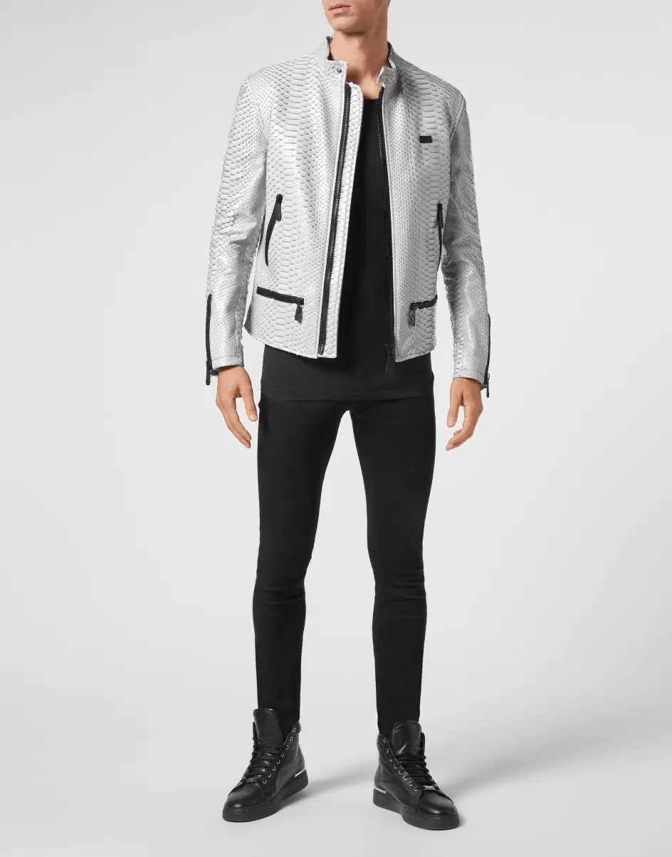 Python Leather Moto Jacket Luxury Oberbekleidung & Mäntel Philipp Plein Modell Herren Light Grey - 3