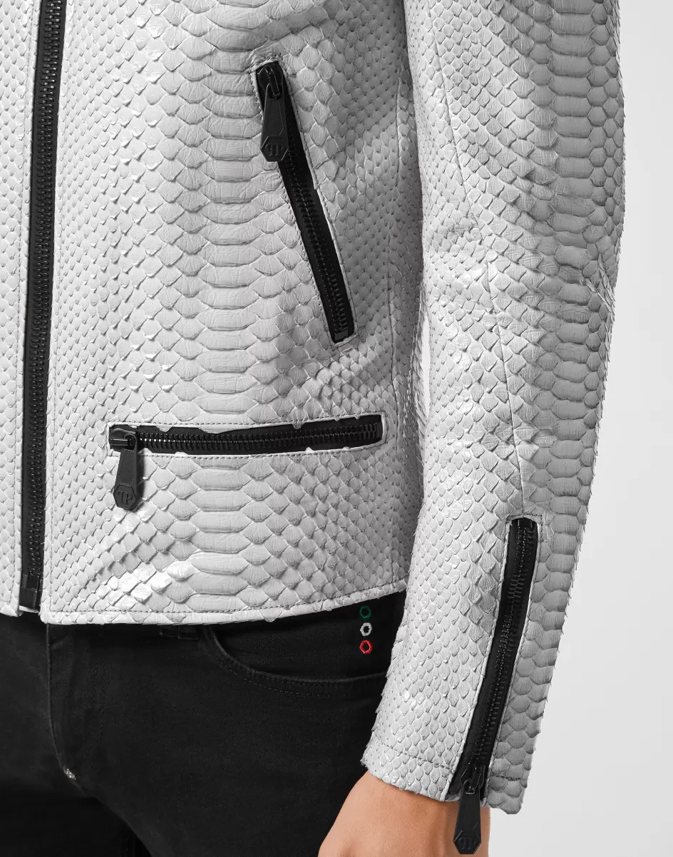 Python Leather Moto Jacket Luxury Oberbekleidung & Mäntel Philipp Plein Modell Herren Light Grey - 4