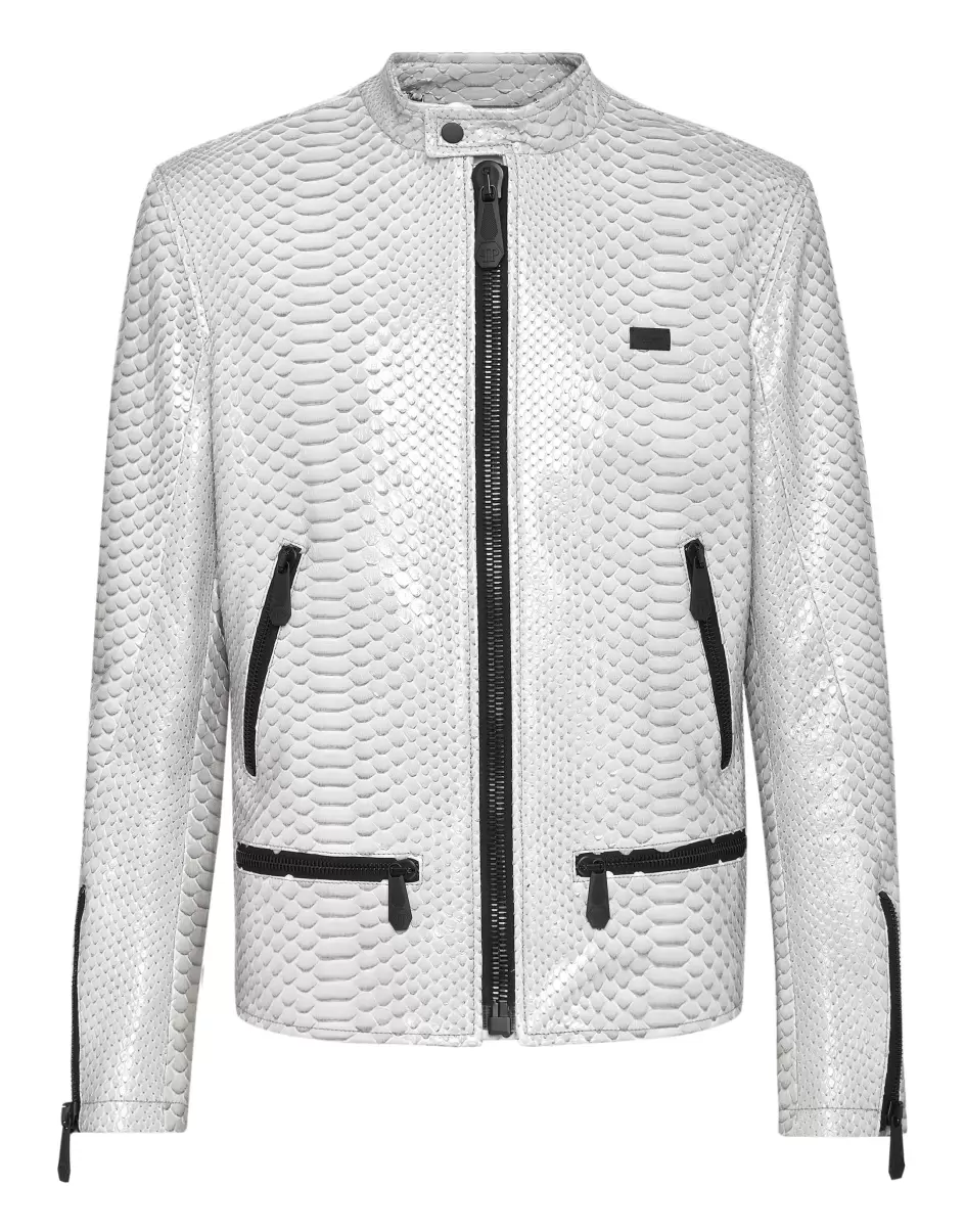Python Leather Moto Jacket Luxury Oberbekleidung & Mäntel Philipp Plein Modell Herren Light Grey