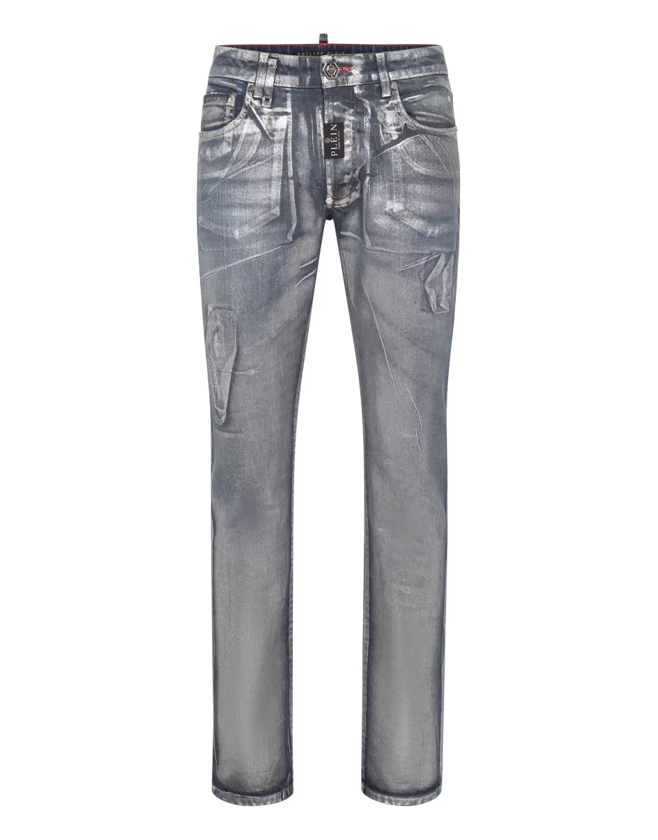 Herren Denim Preis-Leistungs-Verhältnis Philipp Plein Denim Trousers Super Straight Cut Fit Blue Chrome
