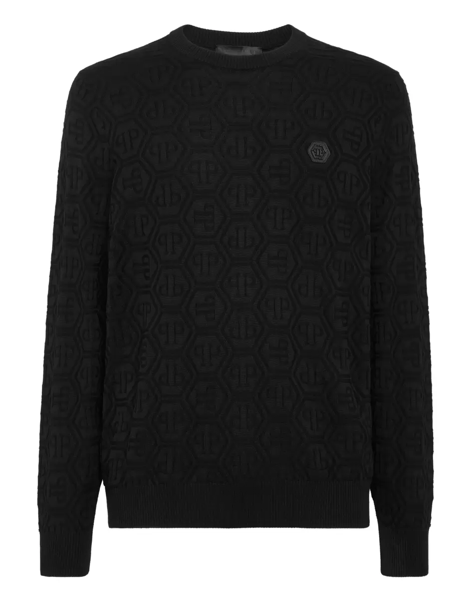 Philipp Plein Herren Silk/Wool Pullover Ls Monogram Kosten Black Strickwaren