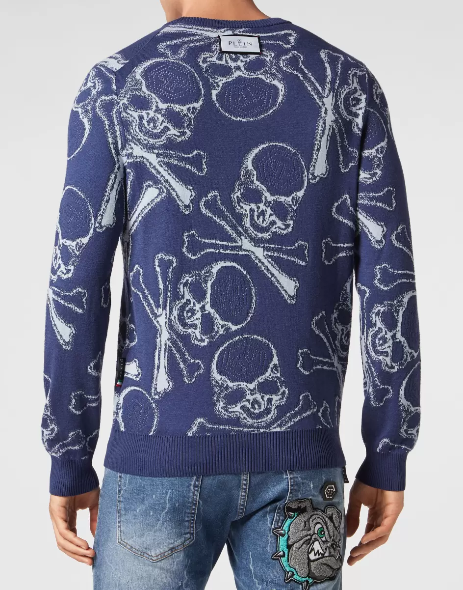 Herren Light Blue Innovativ Cotton Pullover Round Neck Skull&Bones Strickwaren Philipp Plein - 2