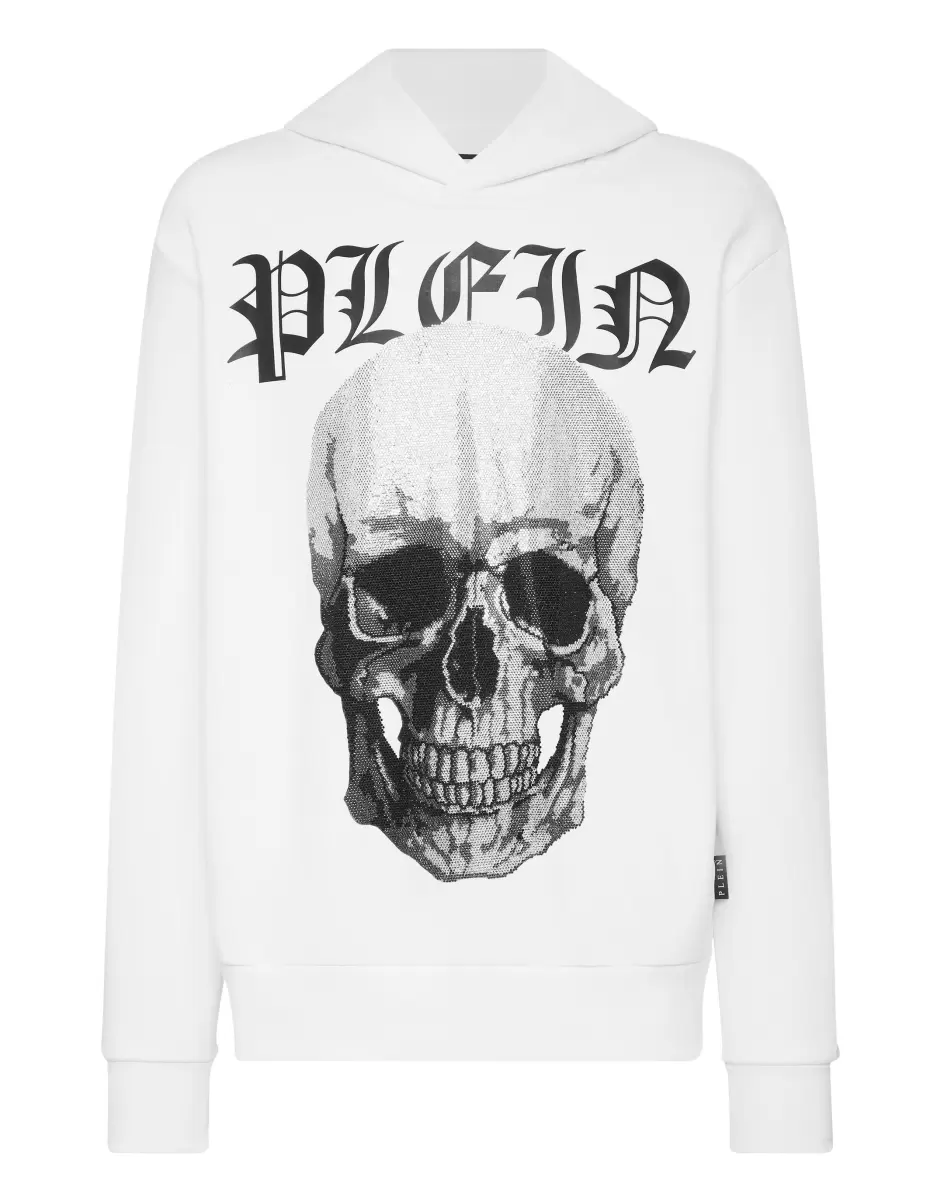 Street Couture Philipp Plein White Technologie Hoodie Sweatshirt With Crystals Skull Herren