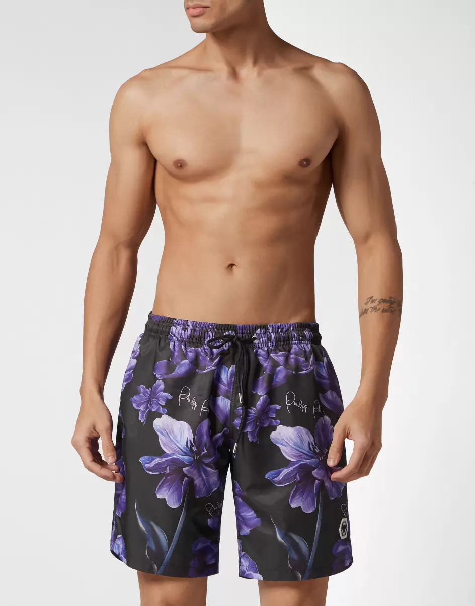 Long Swim-Trunks Flowers Neues Produkt Black Herren Philipp Plein Badebekleidung - 1