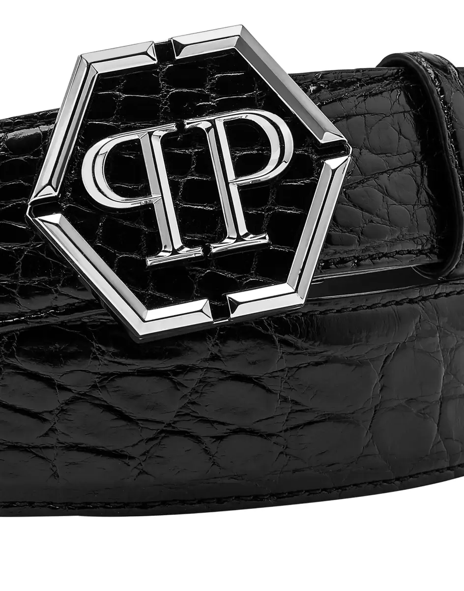 Belt Shiny Croco Luxury Philipp Plein Herren Listenpreis Gürtel Black - 1
