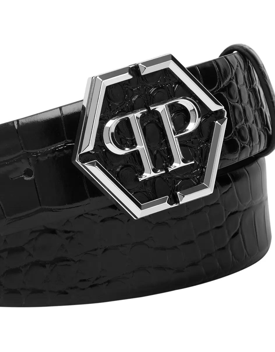 Philipp Plein Herren Preisniveau Leather Belt Hexagon Gürtel Black/Nickel - 1