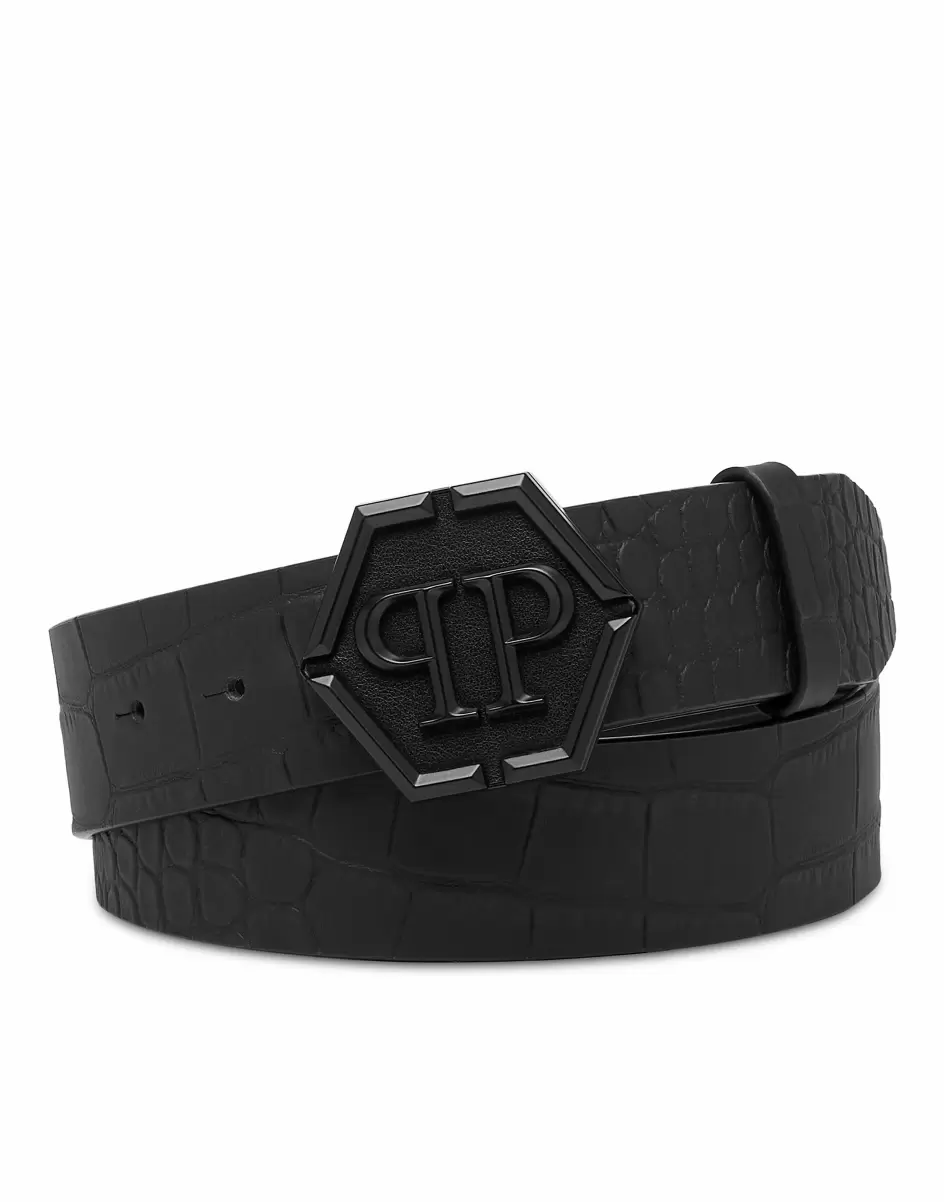 Herren Leather Belt Hexagon Geschäft Philipp Plein Black/Black Matt Gürtel - 2