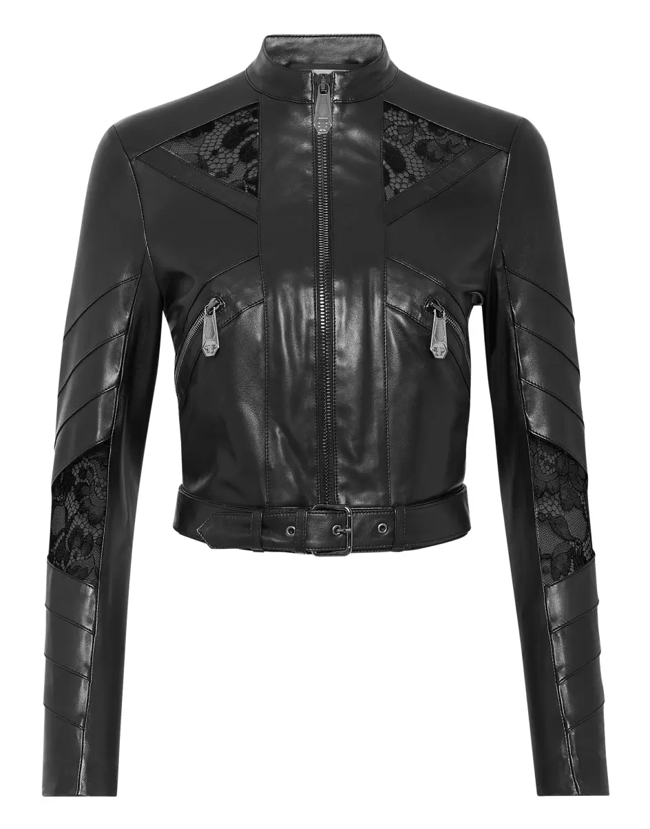 Leather Fitted Biker Lace Damen Philipp Plein Black Leder Und Pelz Haltbarkeit