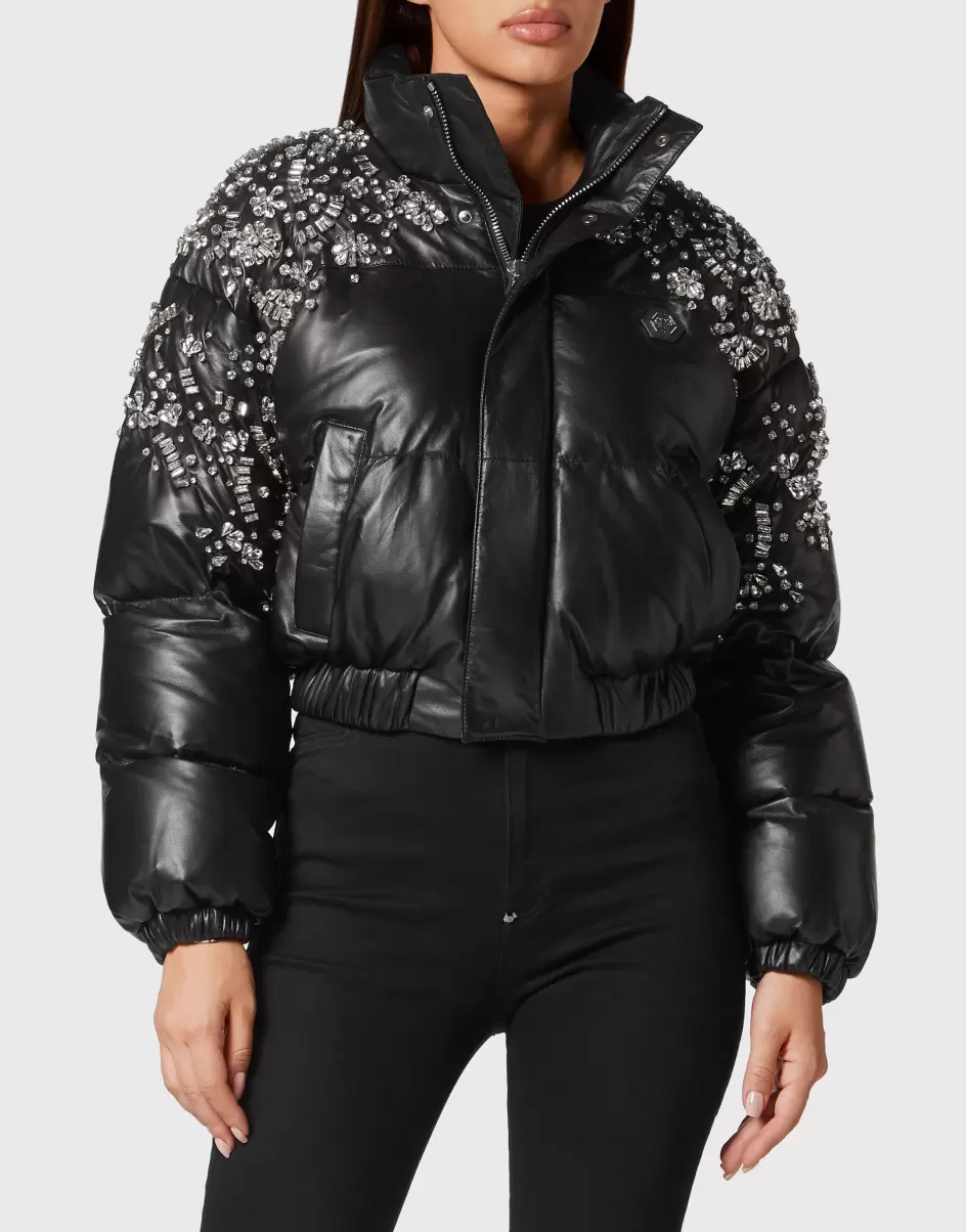 Leather Puffer Jacket Crystal Damen Black Leder Und Pelz Sonderangebot Philipp Plein - 1