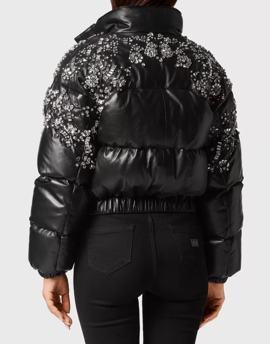 Leather Puffer Jacket Crystal Damen Black Leder Und Pelz Sonderangebot Philipp Plein - 2