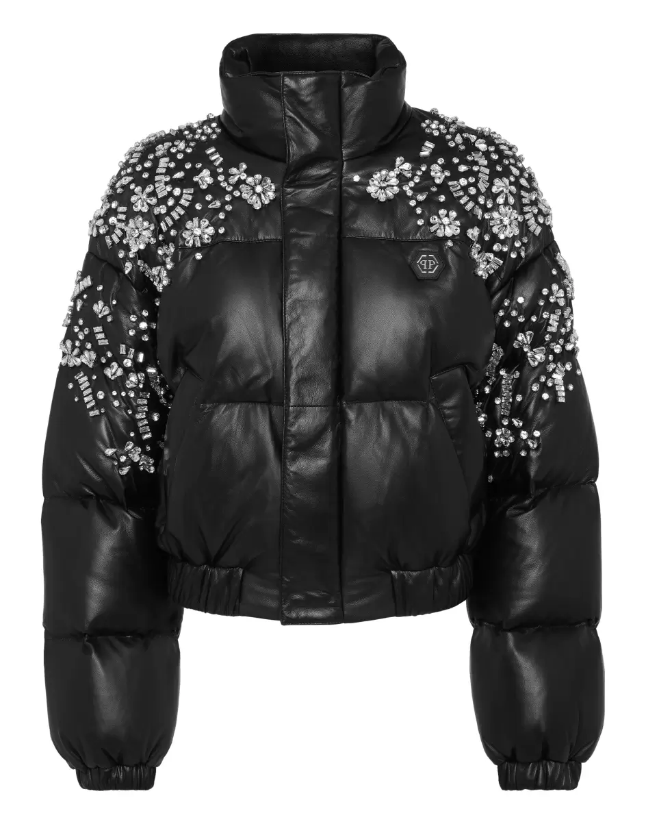 Leather Puffer Jacket Crystal Damen Black Leder Und Pelz Sonderangebot Philipp Plein