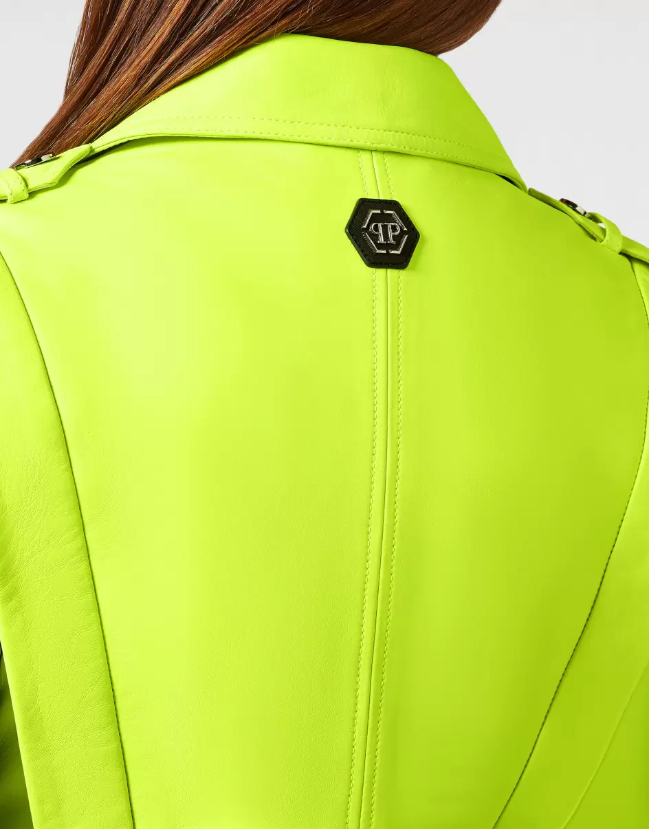 Damen Leder Und Pelz Color Biker Jacket Yellow Preisverhandlung Philipp Plein - 4