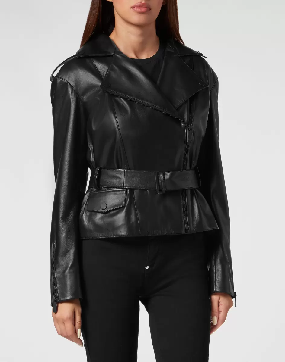 Philipp Plein Black Leder Und Pelz Mengenrabatt Oversize Leather Jacket Damen - 1