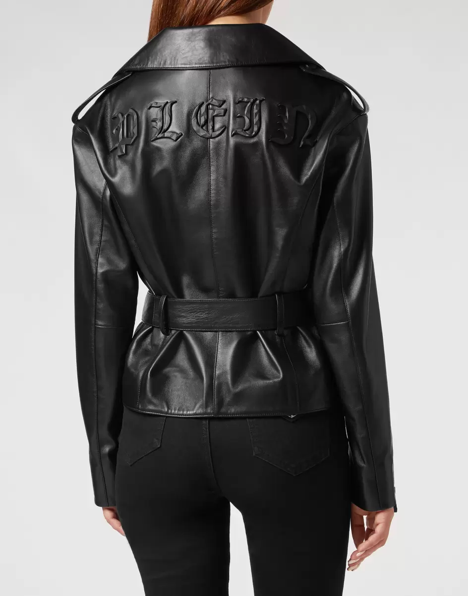 Philipp Plein Black Leder Und Pelz Mengenrabatt Oversize Leather Jacket Damen - 2
