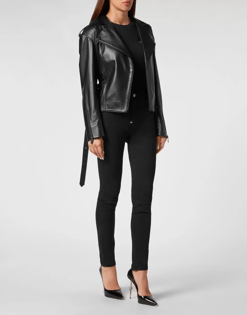 Philipp Plein Black Leder Und Pelz Mengenrabatt Oversize Leather Jacket Damen - 3