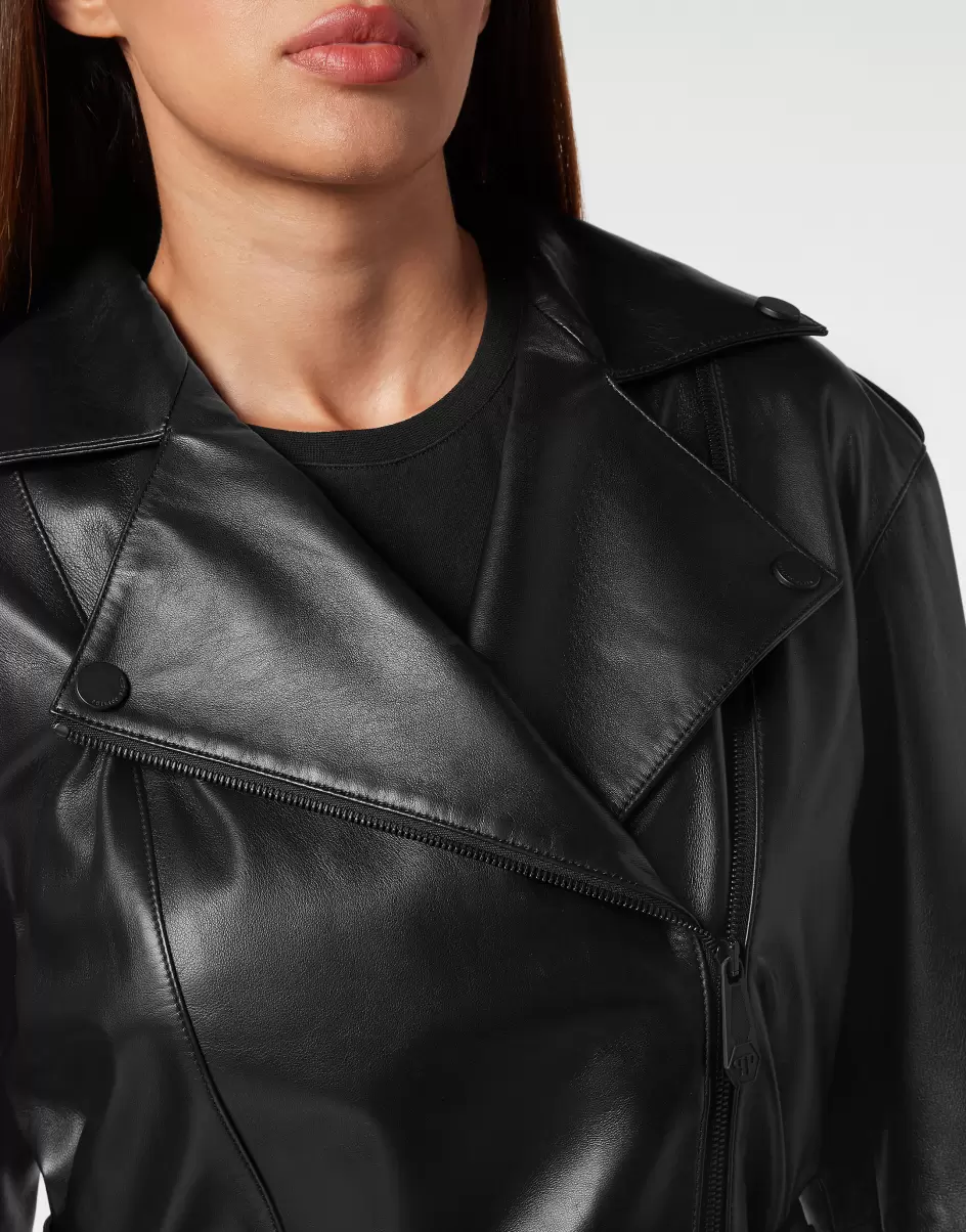 Philipp Plein Black Leder Und Pelz Mengenrabatt Oversize Leather Jacket Damen - 4