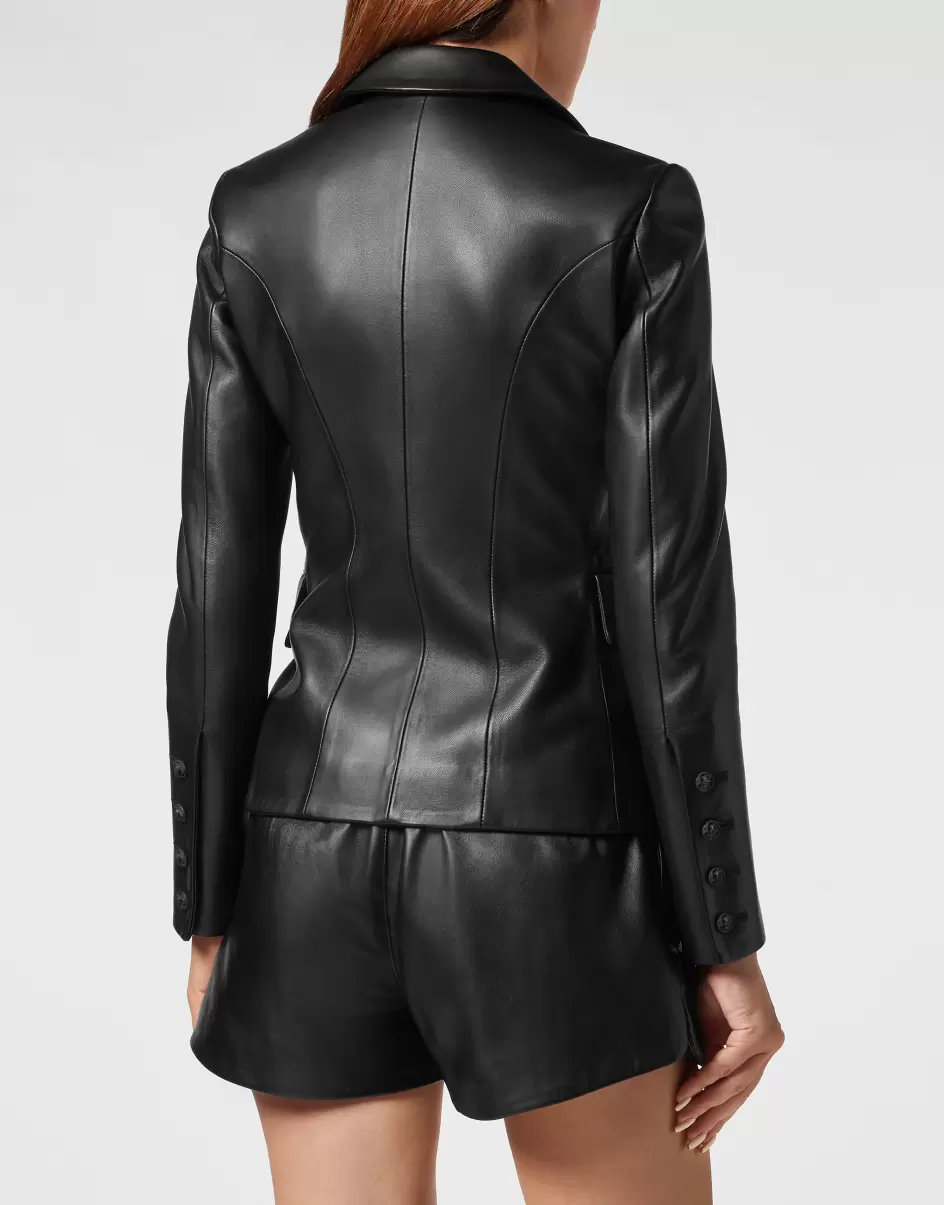 Reduzierter Preis Leather Fitted Blazer Damen Black Philipp Plein Leder Und Pelz - 2
