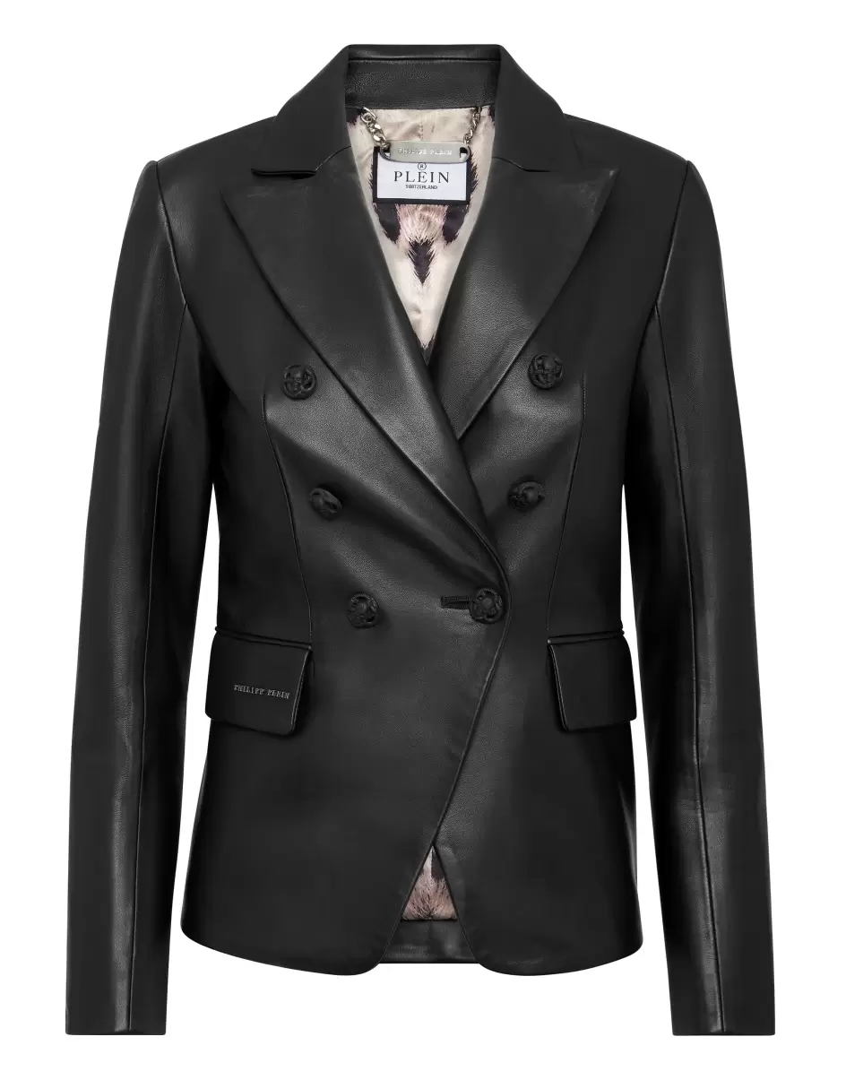 Reduzierter Preis Leather Fitted Blazer Damen Black Philipp Plein Leder Und Pelz
