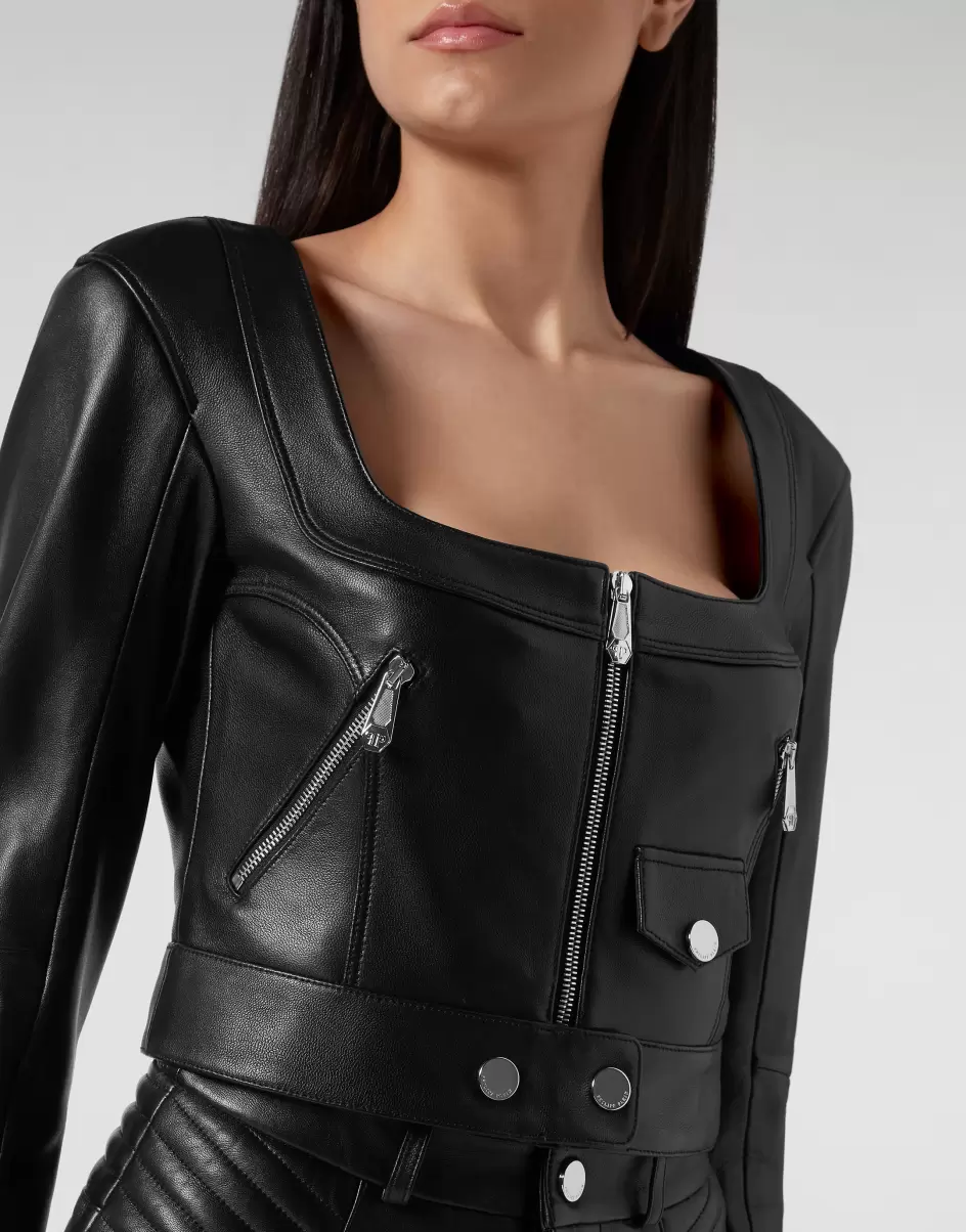 Oberbekleidung Vintage Leather Cropped Jacket Popularität Damen Philipp Plein Black - 4