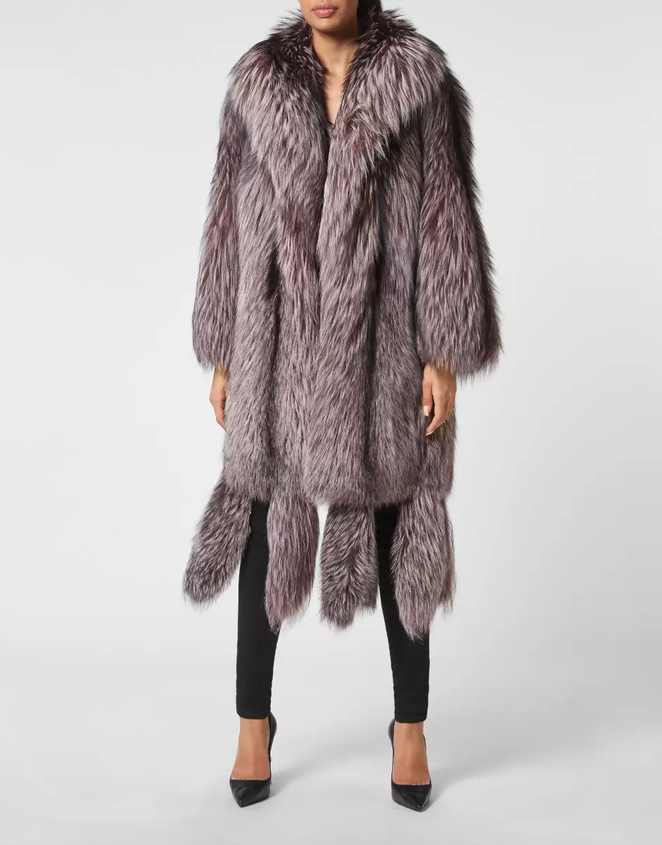 Long Silver Fox Coat Philipp Plein Oberbekleidung Günstig Damen Rose / Pink - 1