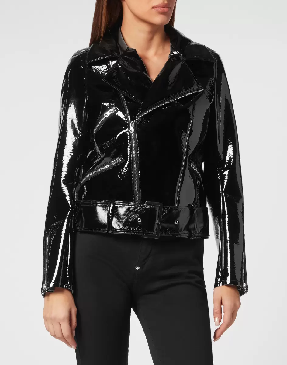 Billig Oberbekleidung Oversize Glossy Eco Leather Jacket Damen Black Philipp Plein - 1